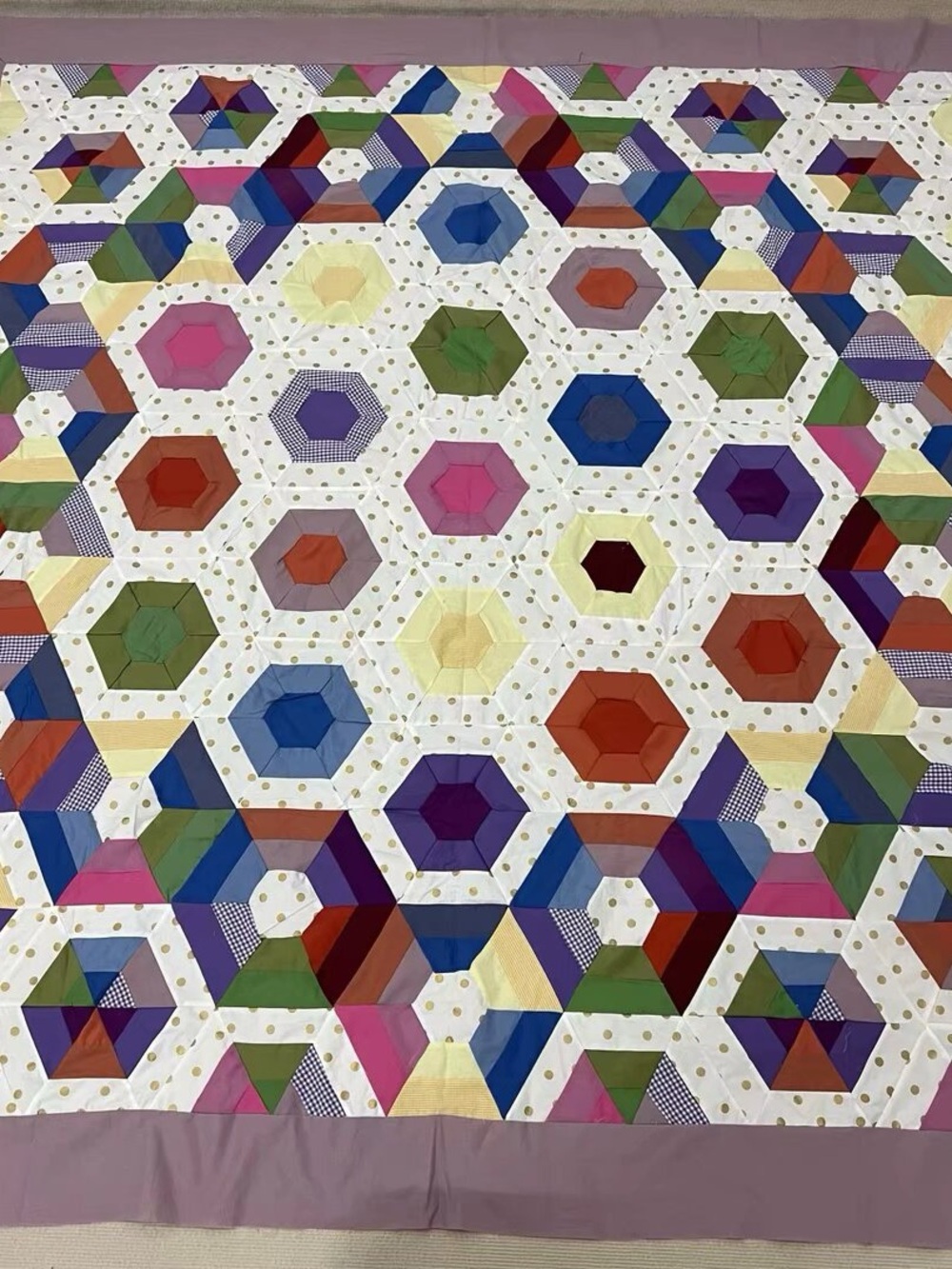 Handmade Flower Hexagon Sewing Patchwork Cotton Queen size Quilt Top/Topper